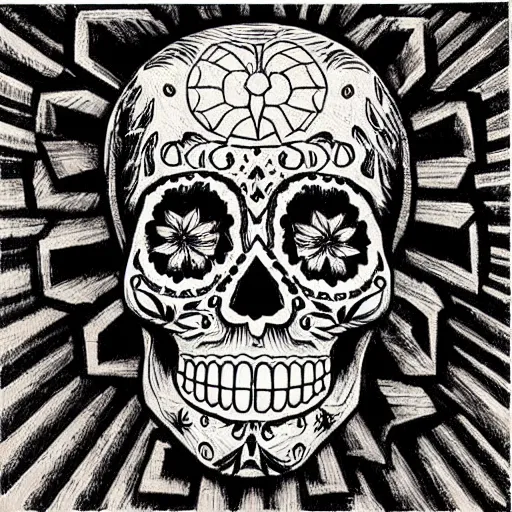 Image similar to “ sugar skull mirror image woodcut by mc escher and hp lovecraft ”