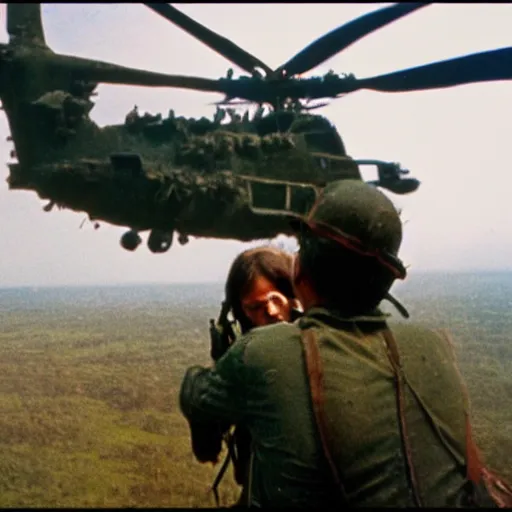 Prompt: film still, bell huey helicopter extreme far view, emma watson vietnam door gunner, film still from apocalypse now ( 1 9 7 9 ), 2 6 mm, kodak ektachrome, blue tint expired film,