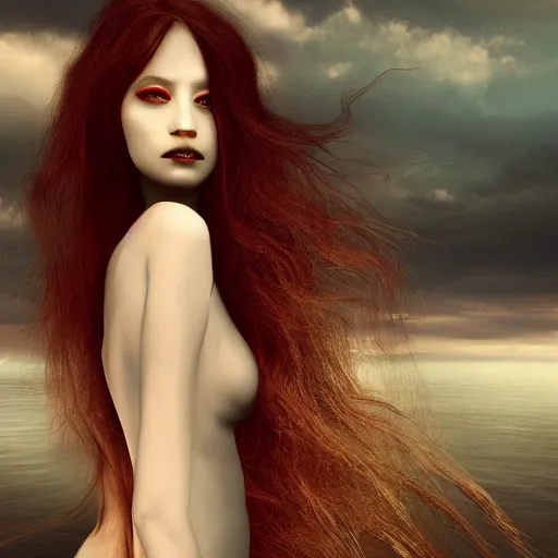 Prompt: A beautiful computer art of a human-like creature with long, stringy hair. The figure has no eyes, only a mouth with long, sharp teeth. The creature is standing on a cliff overlooking a dark, foreboding sea. by Bella Kotak ornamented