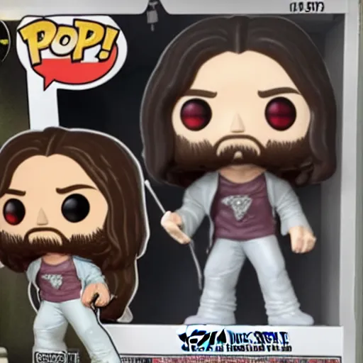 Image similar to a Funko Pop collectible of Ozzy Osbourne. long hair. holding a microphone