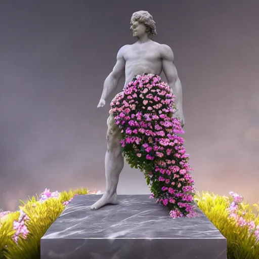 Prompt: a marble statue covered in flowers, full frame, cinematic light , unreal engine,