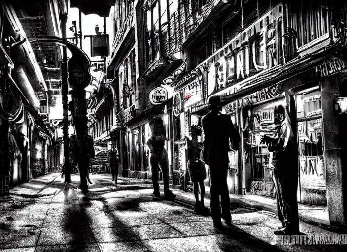 Image similar to people arguing in a film noir steampunk alley, psychedelic, fine texture, detailed, dramatic lighting, dark, neon