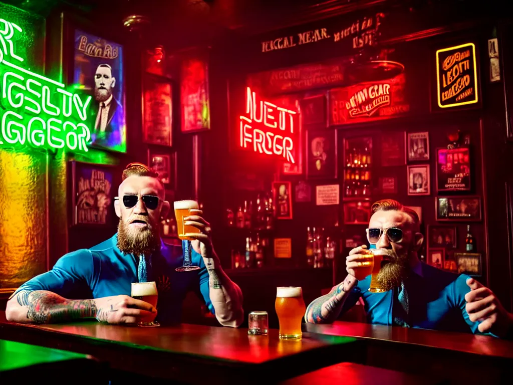 Image similar to a well framed portrait of conor mcgregor drinking a beer in an irish pub with a neon bar, laser lighting, trending on art station, in the style of the movie heat with al pacino, volumetric lighting & shadows, hyper detailed, digital art, unreal engine, 4 0 0 mm f 1. 8,