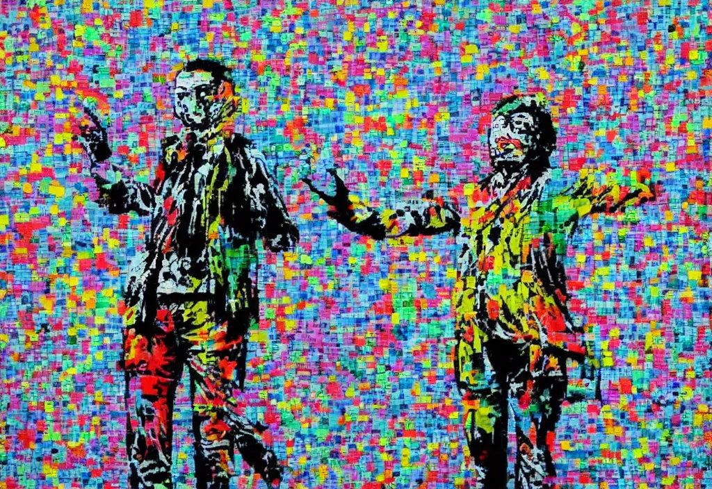 Image similar to full color banksy graffiti with statement of ai art is not art, detailed, realistic, ai weiwei, glitch art effect