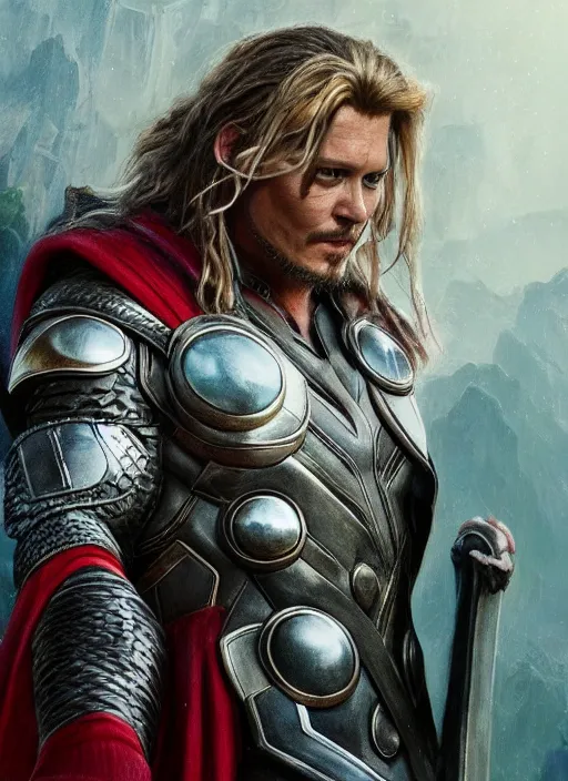 Image similar to johnny depp as thor, naturel, hyper detailed, digital art, trending in artstation, cinematic lighting, studio quality, smooth render, unreal engine 5 rendered, octane rendered, art style by klimt and nixeu and ian sprigger and wlop and krenz cushart