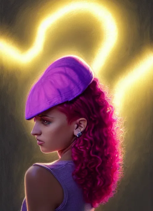 Image similar to portrait of teenage vanessa morgan with bright pink hair, vanessa morgan, curly pixie cut hair, wearing a purple breton cap, breton cap, hoop earrings, intricate, elegant, glowing lights, highly detailed, digital painting, artstation, concept art, smooth, sharp focus, illustration, art by wlop, mars ravelo and greg rutkowski