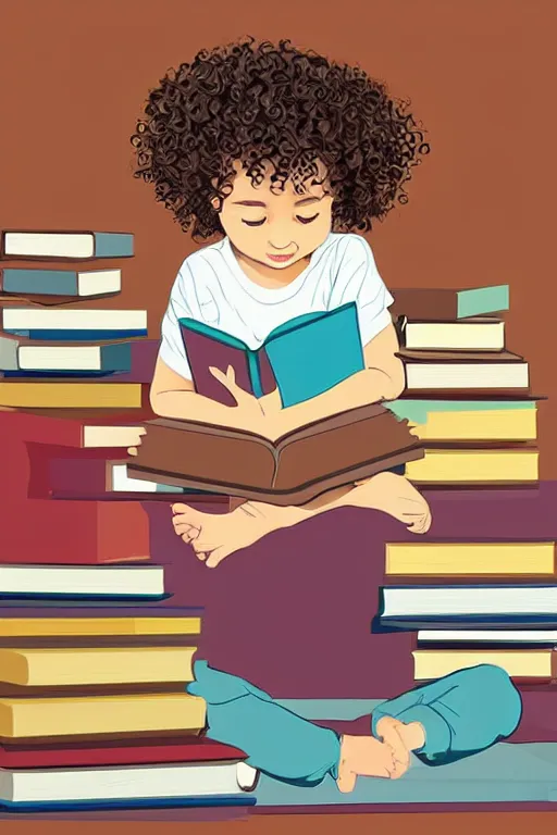 Prompt: a little girl with curly brown hair sits cross legged on top of a tall pile of books. she is reading. clean elegant pretty cartoon painting, beautiful detailed face, soft outlines, storybook illustration.