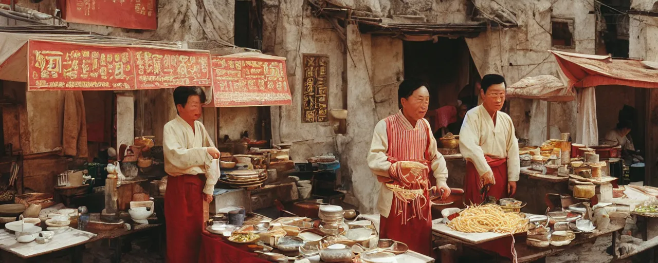 Image similar to spaghetti stall at the height of the jin dynasty in ancient china, afternoon glow, canon 5 0 mm, wes anderson film, kodachrome, retro