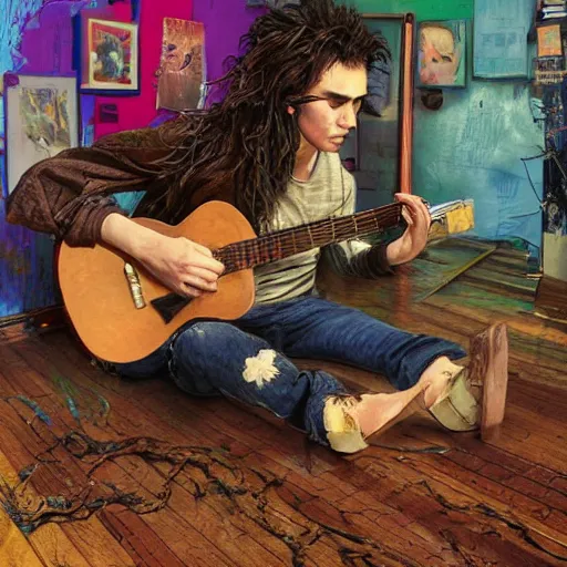 Prompt: a pretty punk rock young man with messy very long curly dark brown hair and a band tee painting in a vintage 80s artist studio interior, old wood floors, musical instruments and band posters, messy maximalist interior, warm, painting by Craig Mullins, soft morning lighting, wide angle lens, low view, in the style of Hayao Miyazaki, trending on artstation,