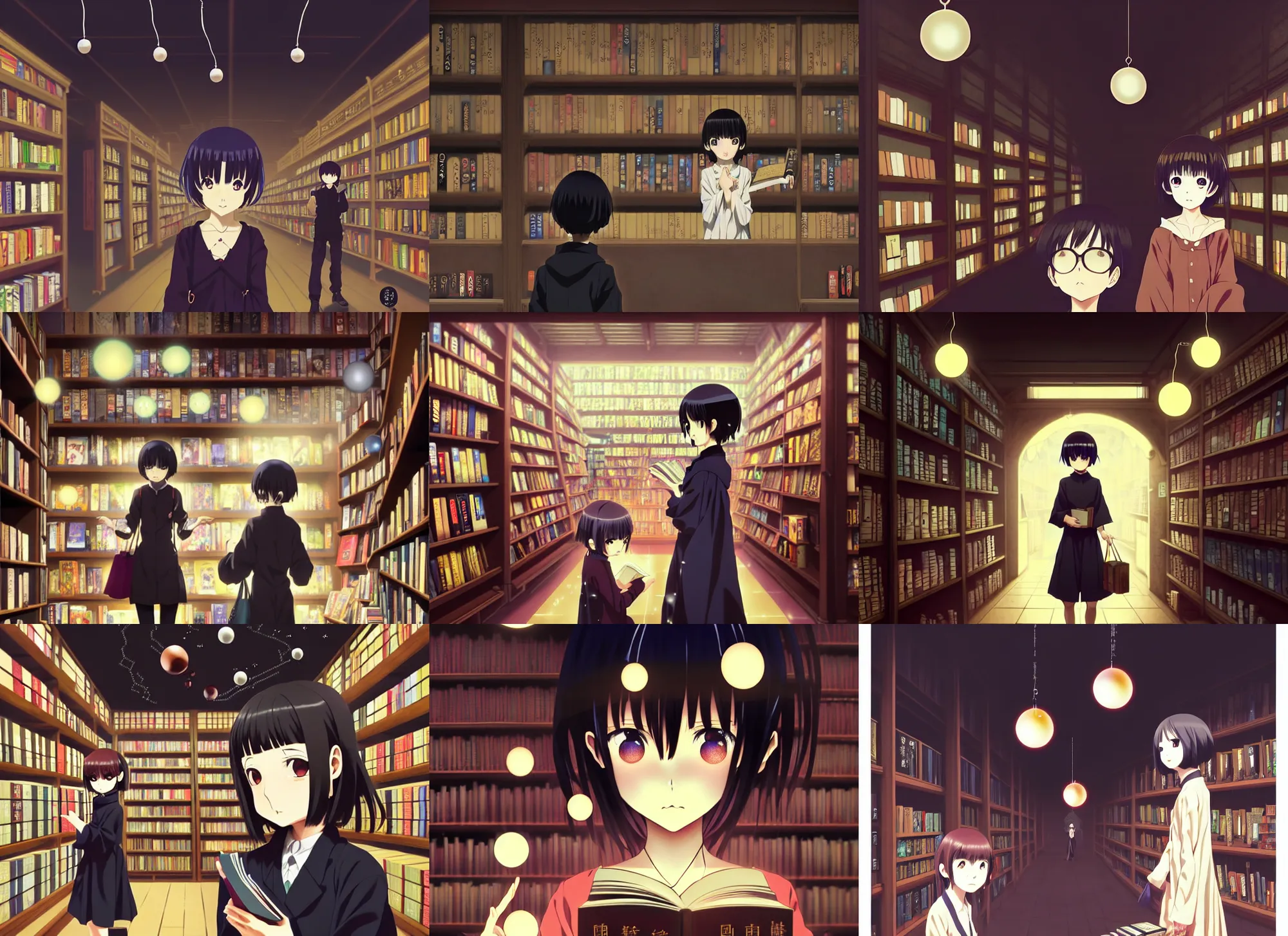 Prompt: anime, dark portrait of a magic book shop interior with a female traveler shopping, many tiny flying glow orbs, ( books flying ), cute face by ilya kuvshinov, yoshinari yoh, makoto shinkai, katsura masakazu, moody, dynamic composition, detailed facial features, kyoani, rounded eyes, crisp and sharp, lomography