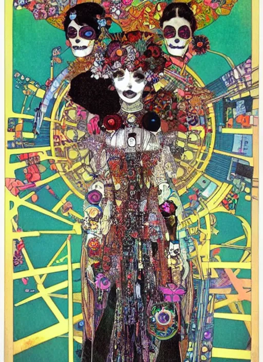 Image similar to cute punk goth fashion hippy fractal Día de los Muertos alien girl wearing kimono made of circuits and leds by Mario Testinoa, propaganda poster art by Hannah Höch Victor Moscoso Rick Griffin Alphonse Mucha Gustav Klimt Ayami Kojima Amano Charlie Bowater