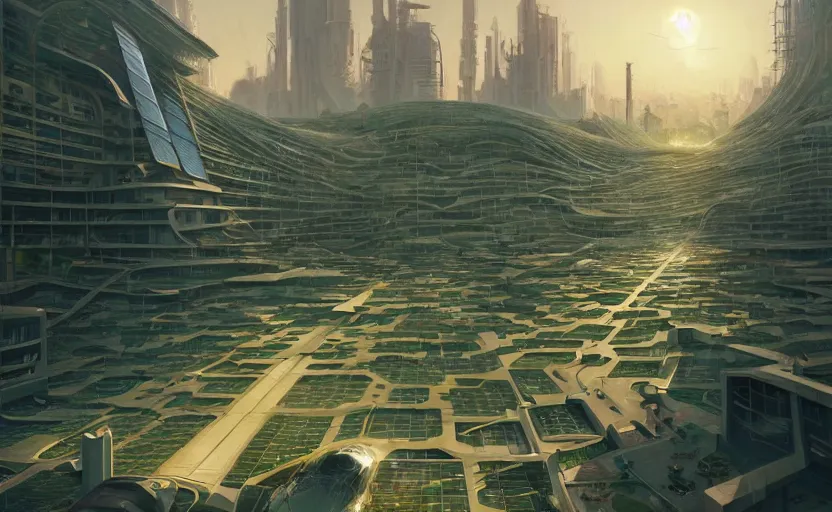 Image similar to solarpunk city with manicured landscaping and walkable pathways, rooftop solar panels, sustainable suburb, highly detailed, digital painting, artstation, concept art, smooth, sharp focus, illustration, art by wlop, mars ravelo and greg rutkowski and frank lloyd wright