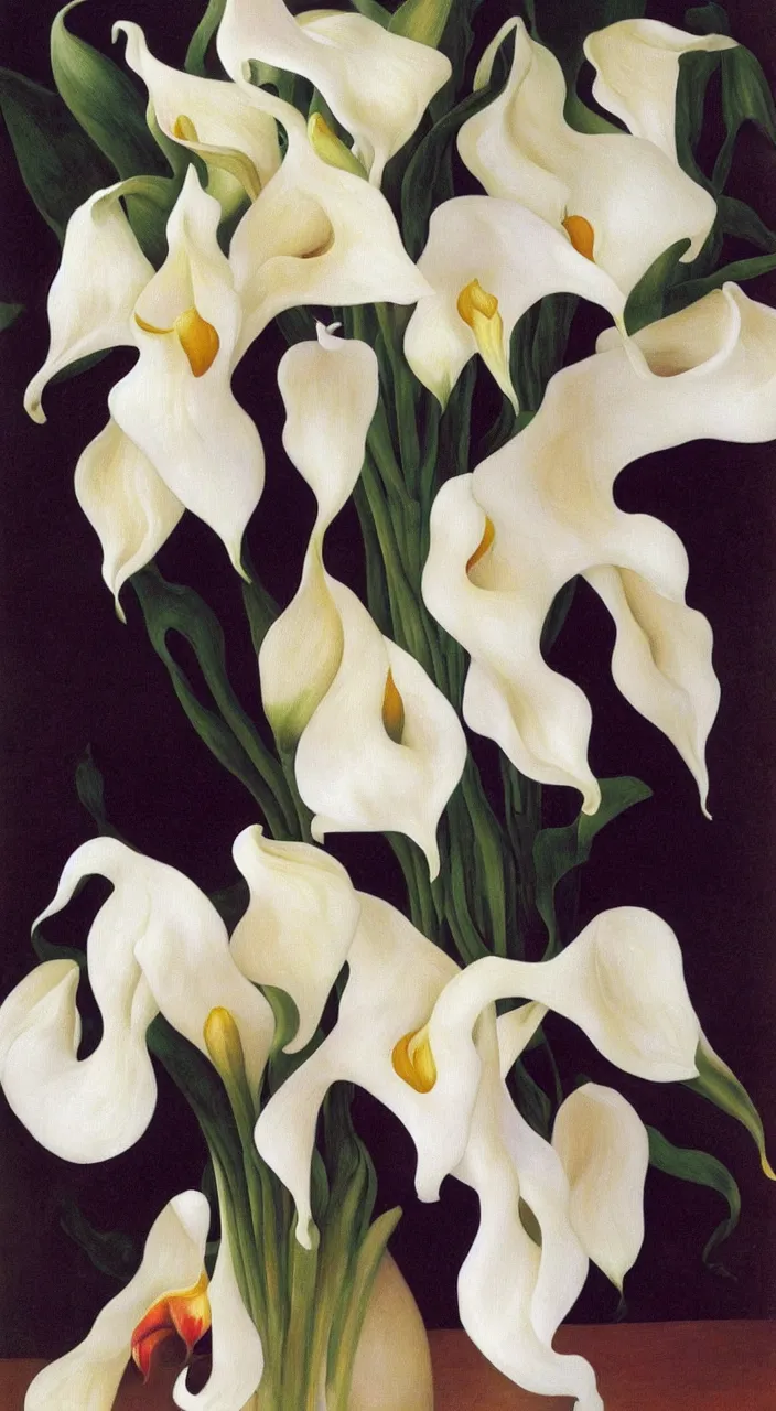 Image similar to portrait of a cream colored havanese dog with a bouquet of calla lillies, mexico, painting by diego rivera realism 1 9 3 5