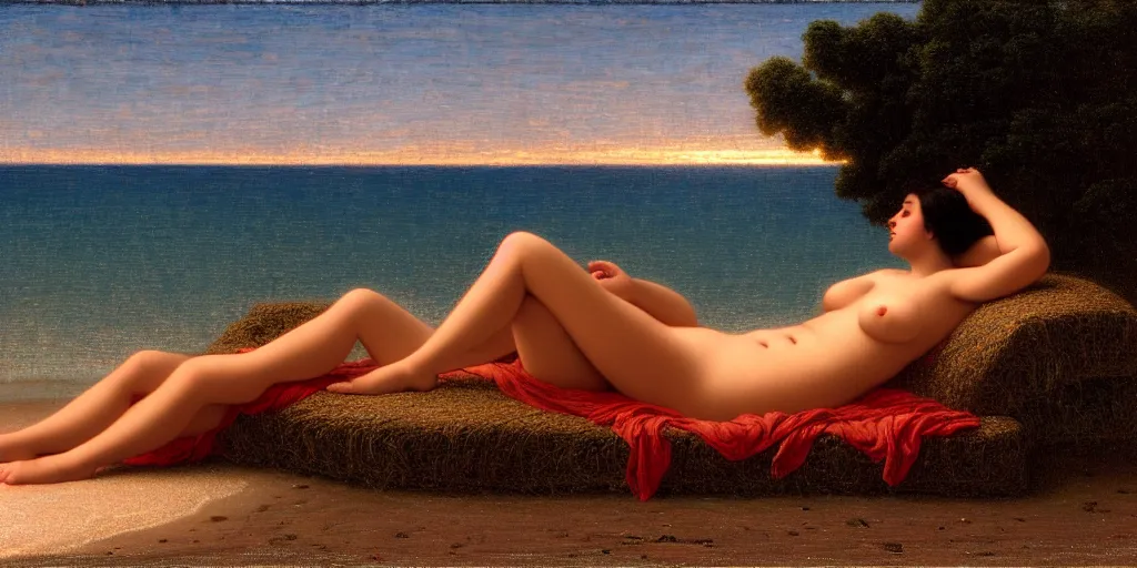 Image similar to a lonely woman sunbathing on the beach at dusk time ， 4 k resolution, by john william godward