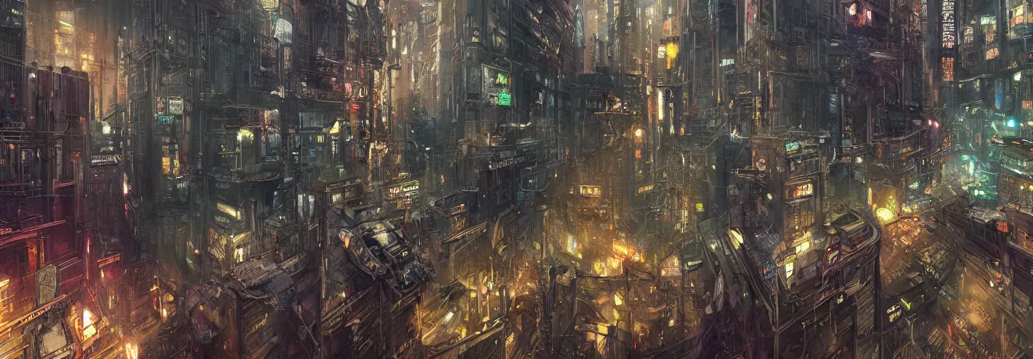 Image similar to Panorama hyper detailed painting of a polluted cyberpunk cityscape with art nouveau styled architecture and blade runner aesthetics at night, 8 mm, highly detailed, digital mixed media style painting, artstation, concept art, smooth, sharp focus, illustration, hyperrealism, photorealism, art by bill sienkiewicz, greg rutkowski and alphonse mucha