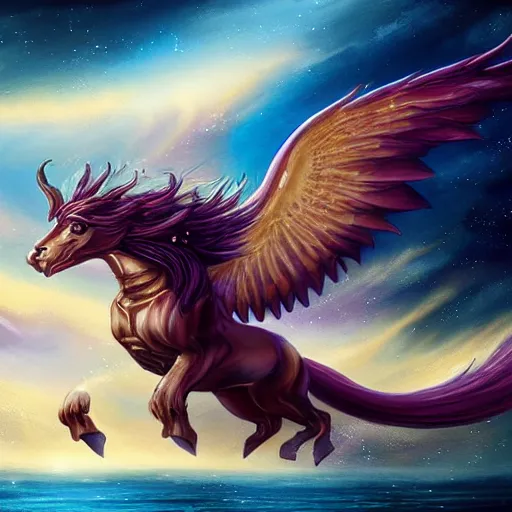 Image similar to a beautiful, celestial drakopegasus rising from the sea toward the stars, fantasy art,