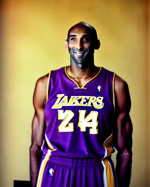 Image similar to portrait of kobe bryant, wrinkled, in 7 0 years old, wearing lakers jersey, photography by steve mccurry, 1 5 mm lens, in his study, trending on artstation