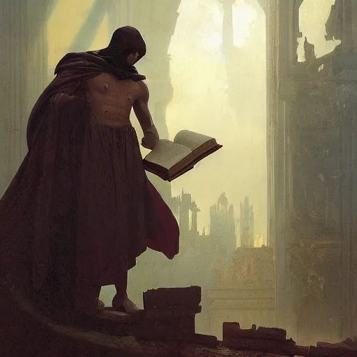 Image similar to half portait of magicus wearing a closed cowl and big old book! chained to the wrist, jeremy mann, jean - leon gerome, tiepolo, alphonse mucha, greg rutkowski, face in the shadows, ( ( ruins of ancient rome ) ), at dusk, mysterious atmosphere, sunrays, dof, high detailed, 8 k