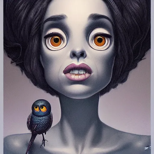 Image similar to Lofi portrait with bird, Pixar style by Joe Fenton and Stanley Artgerm and Tom Bagshaw and Tim Burton