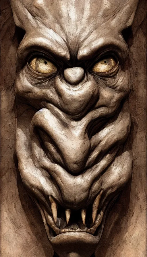 Prompt: wooden gargoyle face forward, looking in the camera, paint texture, digital painting, highly detailed, artstation, sharp focus, sunlit, painted by ruan jia, raymond swanland, lawrence alma tadema, zdzislaw beksinski, norman rockwell, jack kirby, tom lovell, alex malveda, greg staples