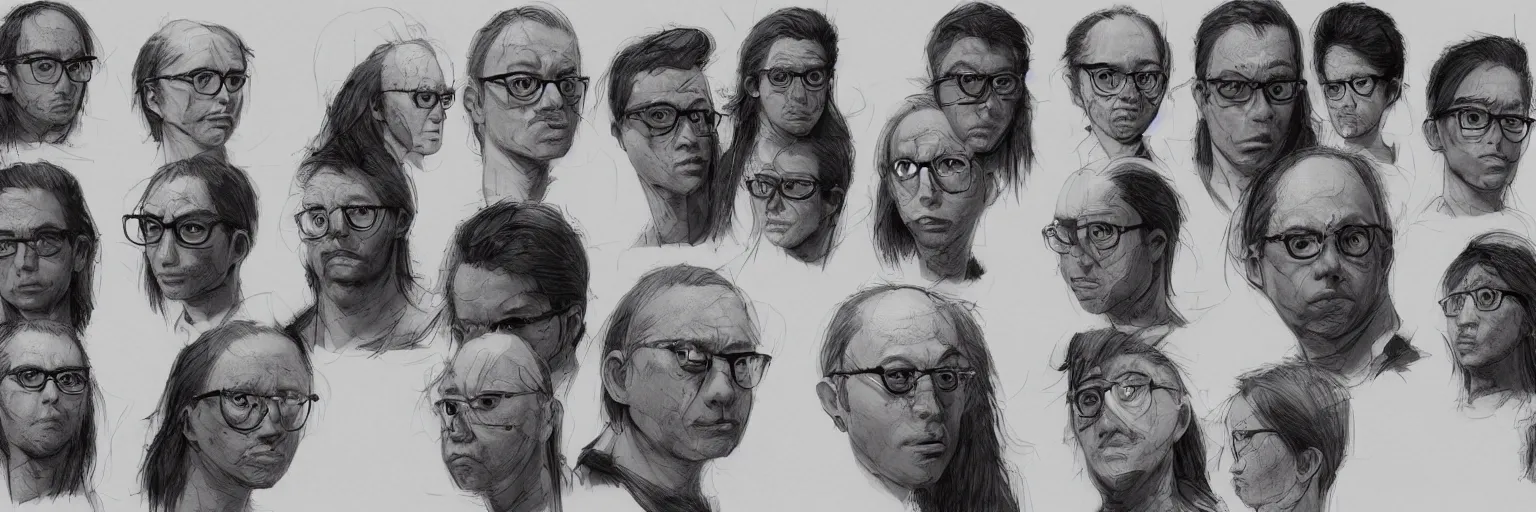 Prompt: character faces, realistic todd solondz walking, clear todd solondz face, glasses, disturbed, character sheet, fine details, concept design, contrast, kim jung gi, greg rutkowski and da vinci, 8 k, emotional, face turnaround 3 6 0, front view, back view, side view, ultra wide angle