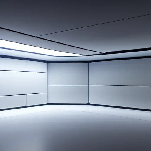 Image similar to a white room 1 2 ft long x 1 0 ft wide x 8 ft tall, geometrically perfect, clean and empty, sci fi spaceship futuristic paneling unreal engine, general studio lighting, 8 k,