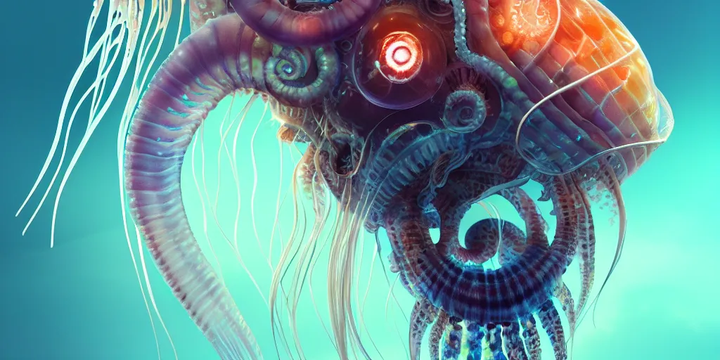 Image similar to cyborg close - up portrait, jellyfish head, nautilus, orchid, betta fish, bioluminiscent creatures, intricate artwork by tooth wu and wlop and beeple. octane render, trending on artstation, greg rutkowski very coherent symmetrical artwork. cinematic, hyper realism, high detail, octane render, 8 k