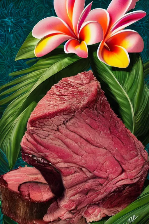 Prompt: ultra realistic illustration, portrait of fatty prime rib, plumeria tropical bouquet background, close up shot, fantasy, intricate, elegant, highly detailed, digital painting, artstation, concept art, smooth, sharp focus, illustration, surrealism