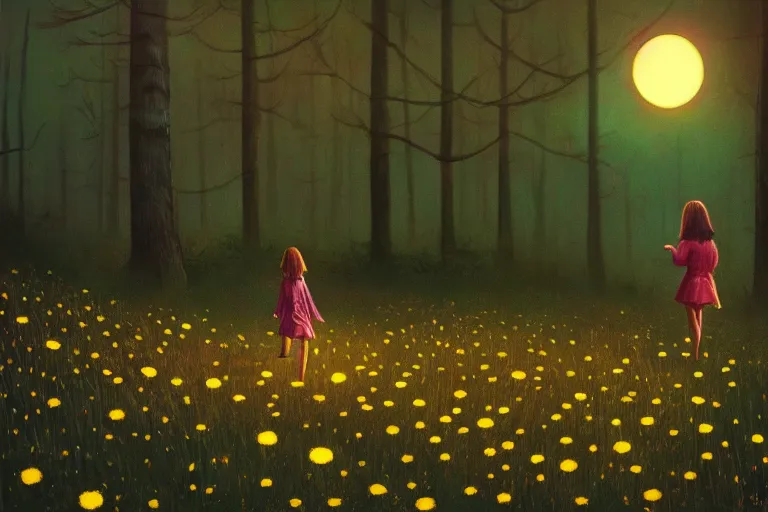 Image similar to giant daisy flower head, girl walking in a moonlit forest, hills, surreal photography, dark night, star trails, dramatic light, impressionist painting, clouds, digital painting, artstation, simon stalenhag