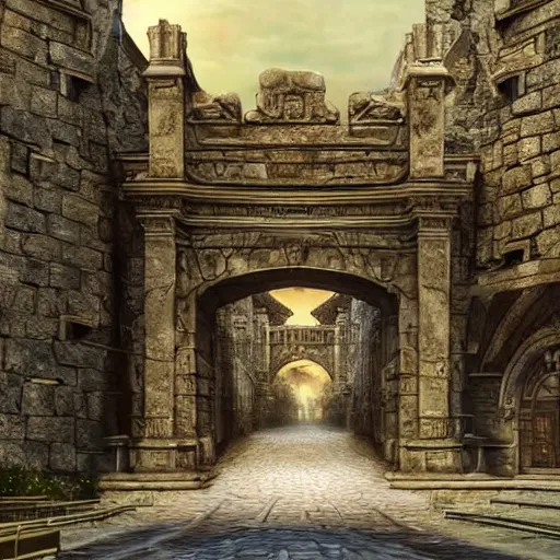 Prompt: the iron gates of a large city, large stone walls, fantasy, hyper realistic, grand