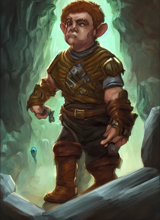 Prompt: A fantasy comic book roleplaying game style portrait painting of a halfling thief sneaking in a cavern, DAZ, hyperrealistic, ambient light, dynamic light