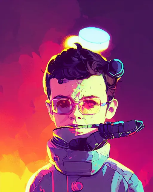 Image similar to a tiny kid with a huge power glove, bust shot, smooth, intricate, elegant, power aura, digital painting, artstation, concept art, sharp focus, illustration, art by josan gonzalez, high contrast