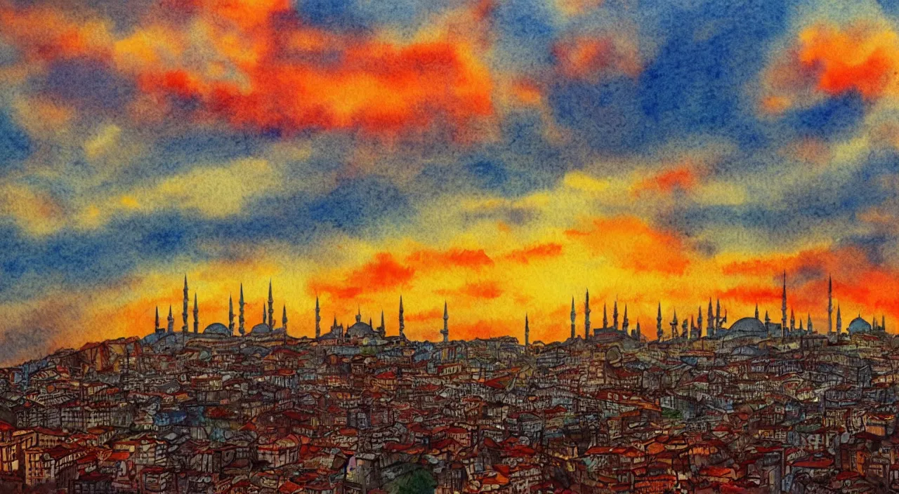 Image similar to skyline of istanbul at sunset, watercolor art, global illumination, god rays