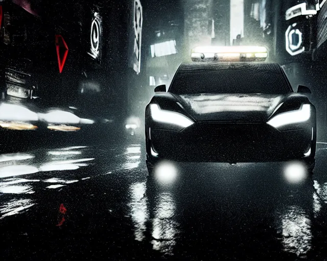 Prompt: film still from blade runner, closeup of cyberpunk tesla with a black and white zebra camouflage police wrap, global illumination, volumetric lighting