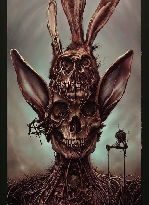 Image similar to the march hare death tarot card, highly detailed, half skull face, cinematic, 8 k, by stanley artgermm, tom bagshaw, greg rutkowski, carne griffiths, ayami kojima, beksinski, giger, trending on deviantart, hyper detailed, horror, full of colour