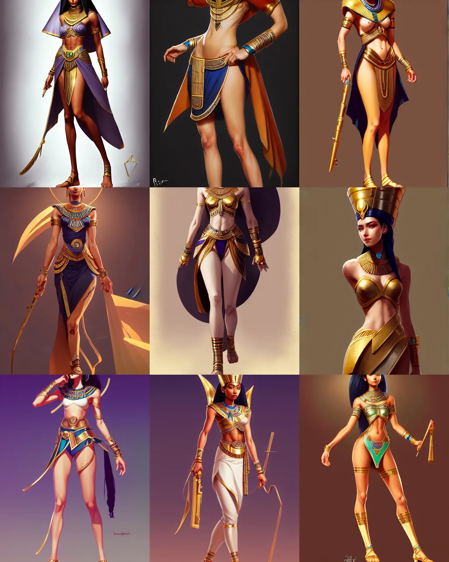 Prompt: full body character concept art of a gorgeous stylish female pharaoh | | distinct - fine, key visual, realistic shaded perfect face, fine details by stanley artgerm lau, wlop, rossdraws, james jean, andrei riabovitchev, marc simonetti, sakimichan, and jakub rebelka, trending on artstation