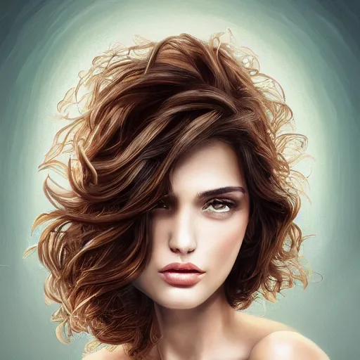 Image similar to beautiful portrait face centre oil on canvas of brunette with wavy hair Ebru Şahin, intricate, elegant, highly detailed, artstation, concept art, sharp focus, art by Alina Ivanchenko, Rob Ross, WLUP, artgerm