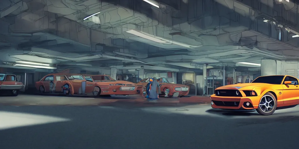 Prompt: a wholesome animation key shot of a focused ford mustang car parked in an multi-storey car park, medium shot, waist up, studio Ghibli, Pixar and Disney animation, sharp, very detailed, high resolution, Rendered in Unreal Engine 5, anime key art by Greg Rutkowski, Bloom, dramatic lighting