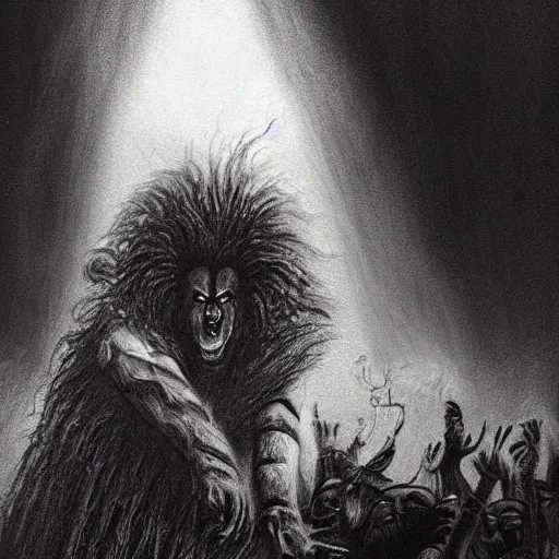 Prompt: Black and white drawing of Mufasa\'s death scene, Stephen Gammell style, evil, high detail, Scary Stories