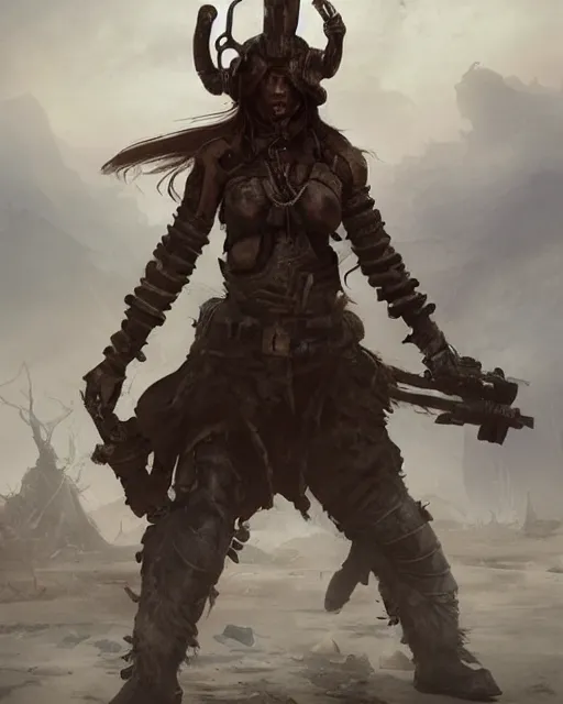 Prompt: hyper realistic photo of postapocalyptic mongolian demon girl with helmet, full body, cinematic, artstation, cgsociety, greg rutkowski, james gurney, mignola, craig mullins, brom