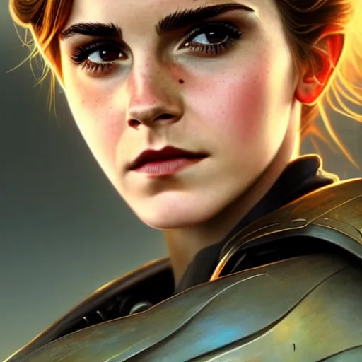 Image similar to beautiful Emma Watson in a Power Armor, western, closeup, D&D, fantasy, intricate, elegant, highly detailed, digital painting, artstation, concept art, matte, sharp focus, illustration, art by Artgerm and Greg Rutkowski and Alphonse Mucha