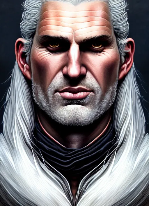Prompt: closeup portrait shot of geralt of rivia smirking and holding cards, intricate, elegant, highly detailed, centered, digital painting, artstation, concept art, smooth, sharp focus, illustration, artgerm, tomasz alen kopera, peter mohrbacher, donato giancola, joseph christian leyendecker, wlop, boris vallejo