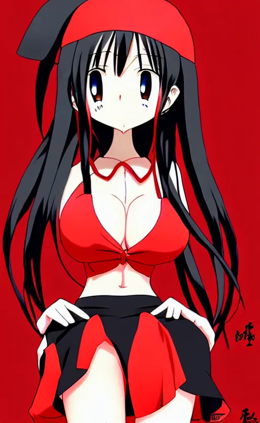 Image similar to anime girl with a detailed face and black hair in a red outfit, full body, trending, wide shot, illustration, by hiroyuki imaishi