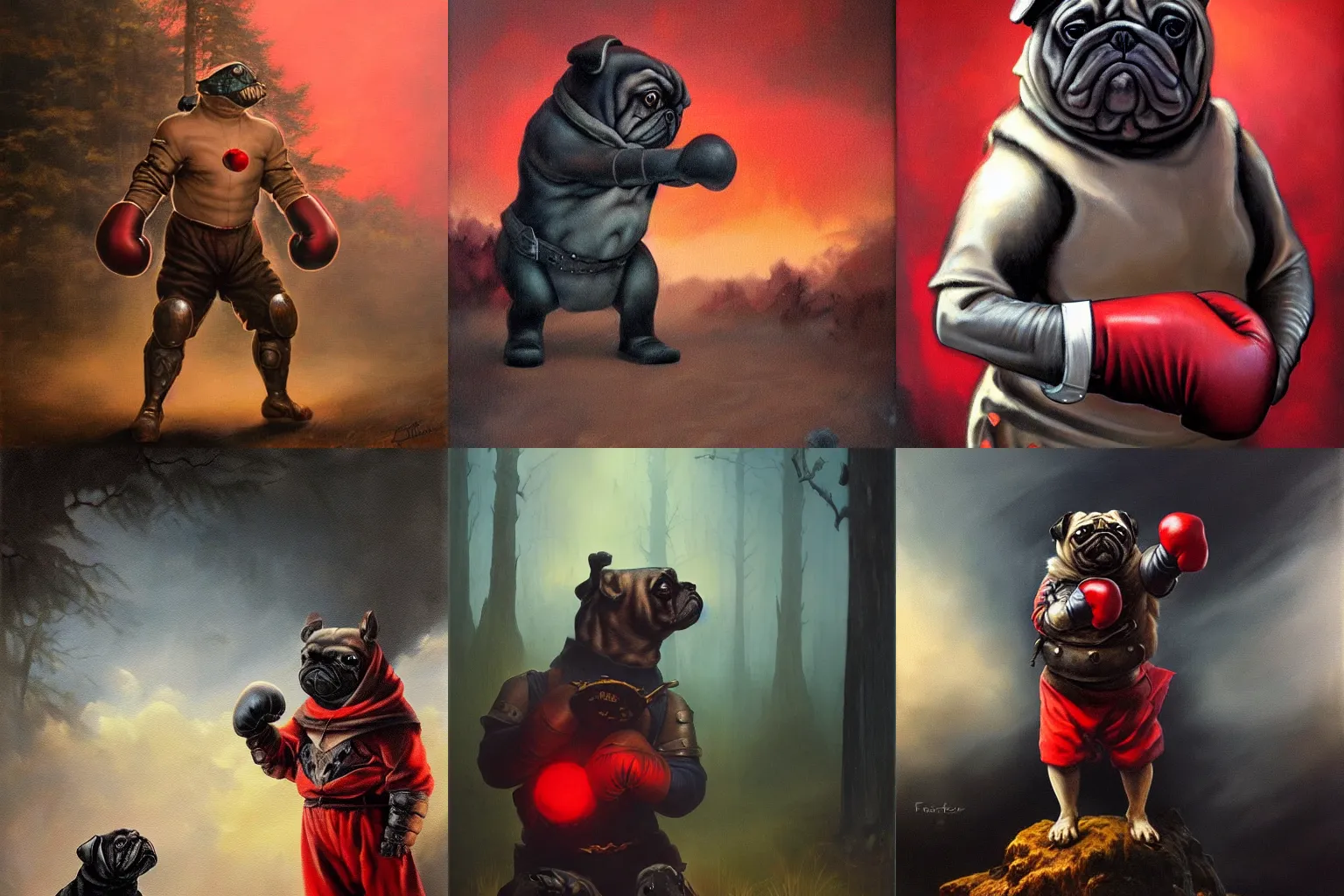 Prompt: artstation very detailed realistic dramatic shaded oil painting by frazetta , backlight oversized anthropomorphic pug with boxing gloves is wearing medieval armor , moody forest foggy background and red sunset backlight