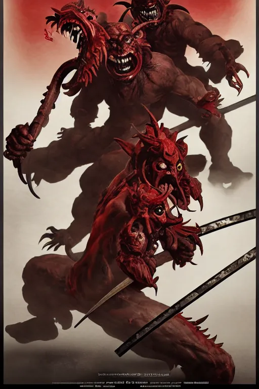 Image similar to beautiful cinematic horror poster with Oni Tengu demons fighting samurai from Japan , hybrid from Doom and art direction by Darius Zawadzki ;by artgerm; wayne reynolds art station; cinematic quality character render; low angle; ultra high quality model; production quality cinema model;