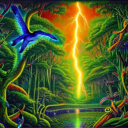 Image similar to visionary art, rainforest trapped within a lightning bolt, with great birds, rich geometry, precise and incredibly highly detailed intricate 8 k wallpaper, john stephens, lisa frank, intricate stunning award winning masterpiece trending on artstation