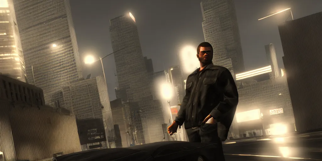 Image similar to grand theft auto iv main character portrait, award - winning, stunningly realistic, volumetric lighting, coherent, no artifacts, cinematic, atmospheric, studio quality