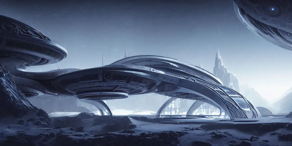 Image similar to futuristic space station in the snowy mountains 3 d concept art, cinematic lighting, intricate details, building by zaha hadid, pastel sunset, emissary space by arthur haas and bruce pennington and john schoenherr, cinematic matte painting, dark moody monochrome colors, trending on artstation, featured on behance