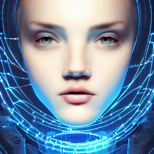Prompt: artificial intelligence, server in the middle, deep view, heavy blue led lights, wires connected, award winning creature portrait photography, extremely detailed, artstation, 8 k, sensual lighting, incredible art, wlop, artgerm