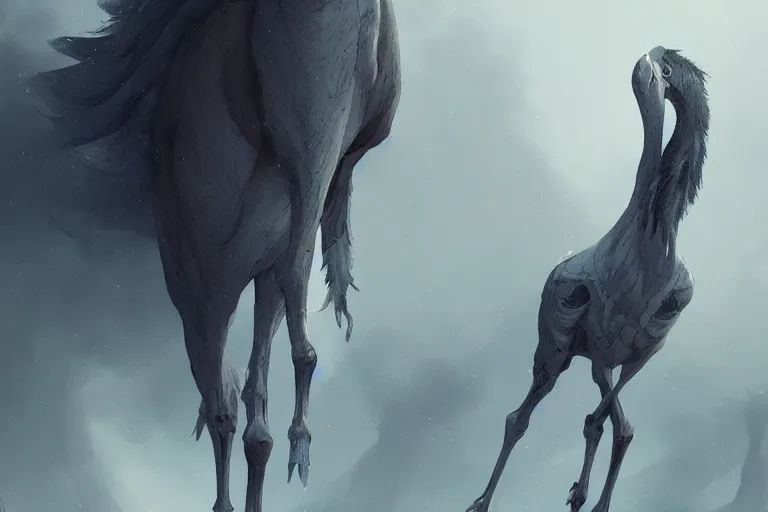 Prompt: horse merged with shoebill, digital art made by makoto shinkai, lois van baarle, greg rutkowski and jakub rebelka, highly detailed, symmetrical, extremely coherent, smooth, shaped focus, dystopian gray forest background, skull